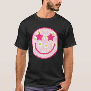 Grappig roze Happy Face Daisy Flower Tshirt Smile 