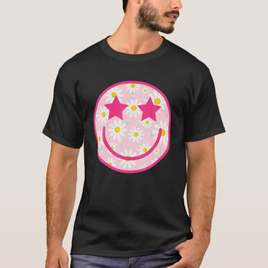 Grappig roze Happy Face Daisy Flower Tshirt Smile  (Voorkant)