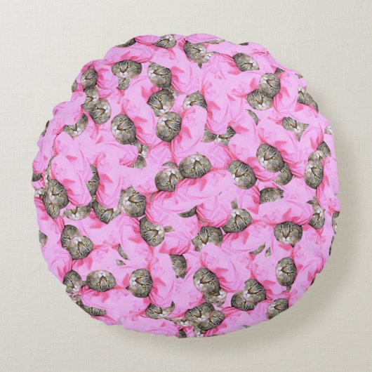 Grappig Roze Kattenpatroon Rond Kussen (Voorkant)