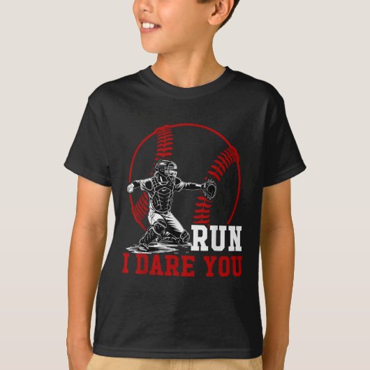 Grappig Run Steal Ik Dare You Baseball Catcher Pla T-shirt (Voorkant)