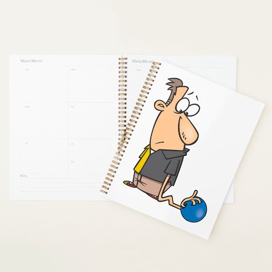 Grappig Sad Bowler-personage met bowlingbal Planner