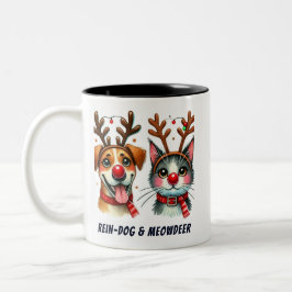 Grappig Santa Cat & Dog Rood neus hert Tweekleurige Koffiemok
