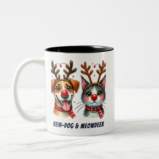 Grappig Santa Cat & Dog Rood neus hert Tweekleurige Koffiemok (Links)