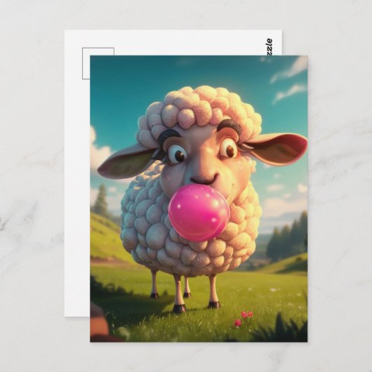 Grappig schaap kauwen roze bubble gom briefkaart (Voorkant / Achterkant)