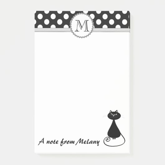 Grappig schattig girly zwarte kat polka dots monog post-it® notes (Voorkant)