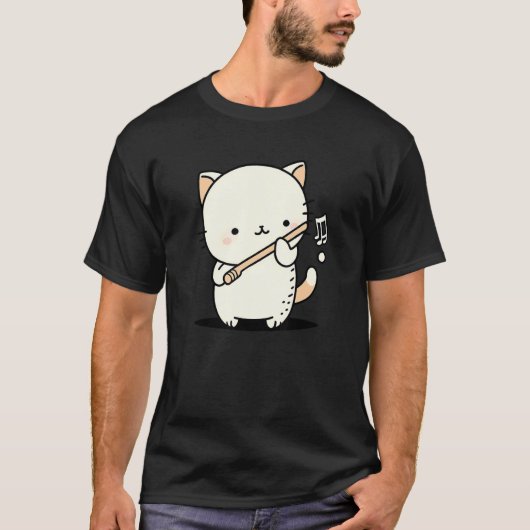 Grappig, Schattig, Kat die Fluit Speelt Muzikant T-shirt (Voorkant)