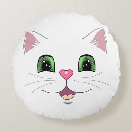 Grappig, schattig kattengezicht op wit rond kussen (Voorkant)