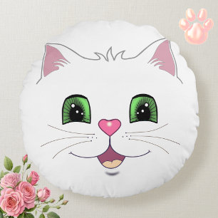 Grappig, schattig kattengezicht op witte ronde kus rond kussen