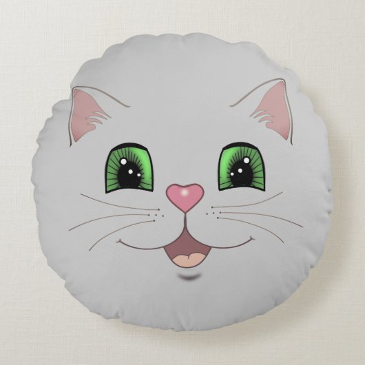 Grappig, schattig kattengezicht op zilvergrijs rond kussen (Voorkant)