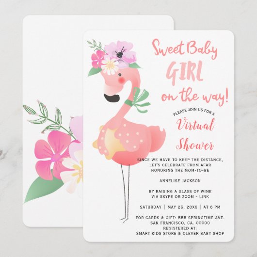Grappig schattig roze flamingo baby shower virtuee kaart (Voorkant / Achterkant)