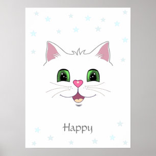 Grappig schattig wit kattengezicht en sterren poster