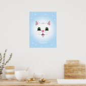 Grappig, schattig wit kattengezicht op lichtblauw poster (Keuken)