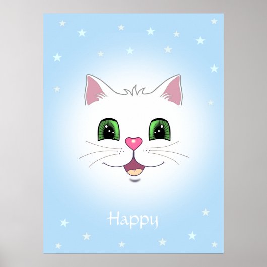 Grappig, schattig wit kattengezicht op lichtblauw poster (Voorkant)