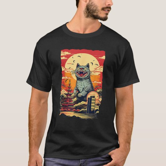  Grappig Schattige Catzilla Cat Art Japanese Sunse T-shirt (Voorkant)