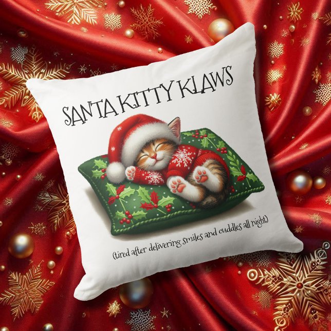 Grappig Schattige Dromen Santa Kat Klaws Kussen (Santa Kitty Klaws 20x20 Square Christmas Throw Pillow Cover Photo)