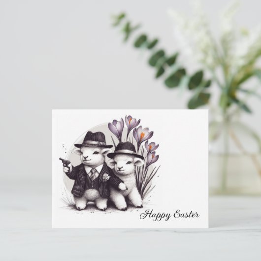 Grappig Schattige gangster paasschaap paarse bloem Briefkaart (Staand voorkant)