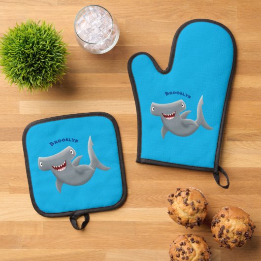 Grappig schattige Hammerhead-cartoon Ovenwant & Pannenlap Set (Top down)
