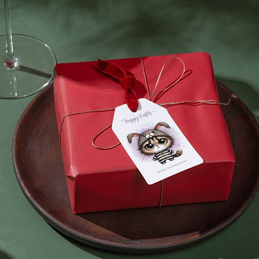 Grappig Schattige Kat Bunny Ears Paarse Happy East Cadeaulabel
