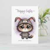Grappig Schattige Kat Bunny Ears Paarse Happy East Feestdagenkaart (Staand voorkant)