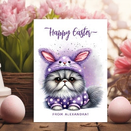 Grappig Schattige Kat Bunny Kostuum Paarse Happy E Feestdagenkaart