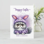 Grappig Schattige Kat Bunny Kostuum Paarse Happy E Feestdagenkaart (Staand voorkant)