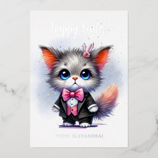 Grappig Schattige Kat in Tuxedo Happy Easter Folie Feestdagenkaart (Voorkant)