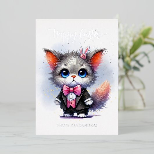 Grappig Schattige Kat in Tuxedo Happy Easter Folie Feestdagenkaart (Staand Voorkant)