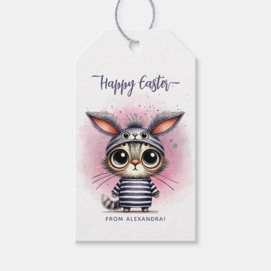 Grappig Schattige Kat met Bunny Ears Happy Easter Cadeaulabel (Voorkant)