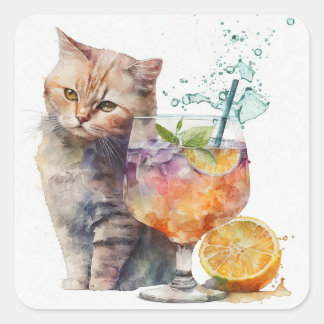 Grappig schattige kat met een cocktailwaterverf st vierkante sticker