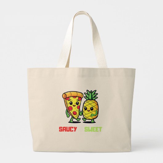 Grappig Schattige Kawaii Pizza Ananas Vrienden Sau Grote Tote Bag (Achterkant)