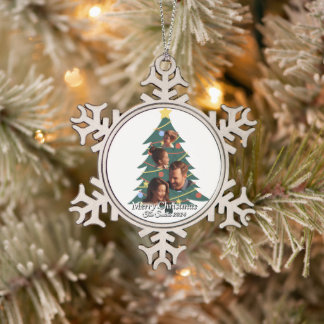 Grappig, Schattige, moderne familiefoto kerst Tin Sneeuwvlok Ornament