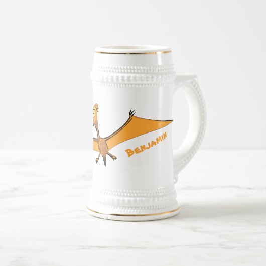 Grappig schattige oranje vliegende pterodactylcart bierpul (Voorkant rechts)