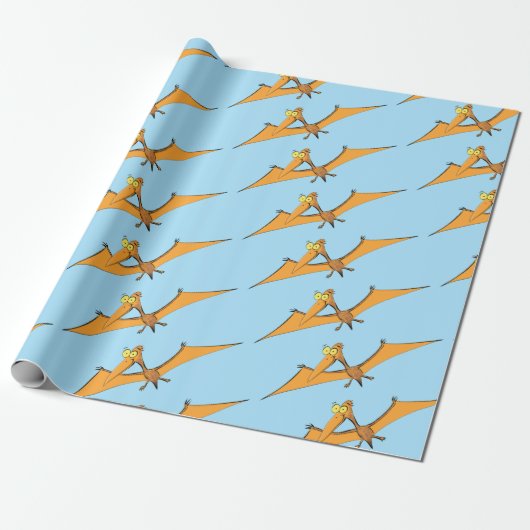 Grappig schattige oranje vliegende pterodactylcart cadeaupapier (Uitgerold)
