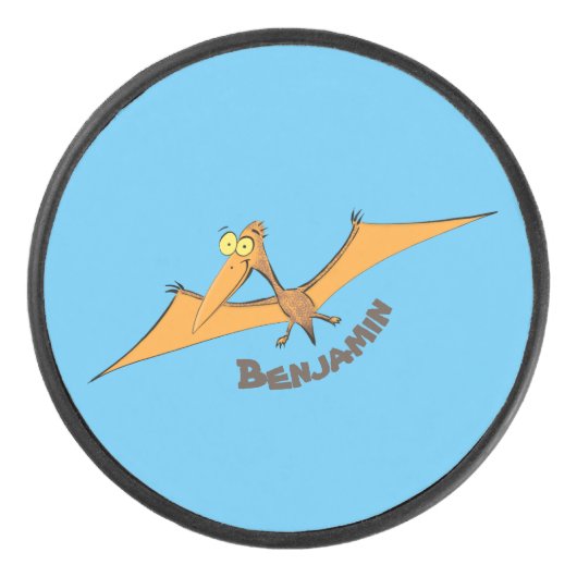 Grappig schattige oranje vliegende pterodactylcart hockey puck (Voorkant)