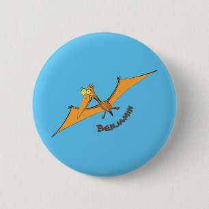 Grappig schattige oranje vliegende pterodactylcart ronde button 5,7 cm