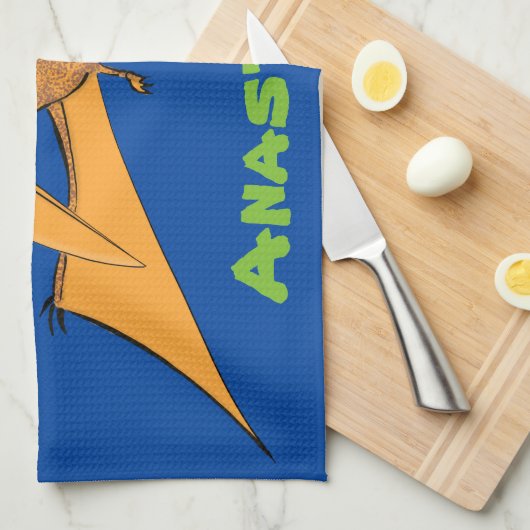 Grappig schattige oranje vliegende pterodactylcart theedoek (Quarter Fold)