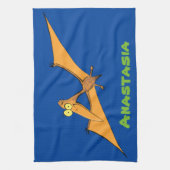 Grappig schattige oranje vliegende pterodactylcart theedoek (Verticaal)