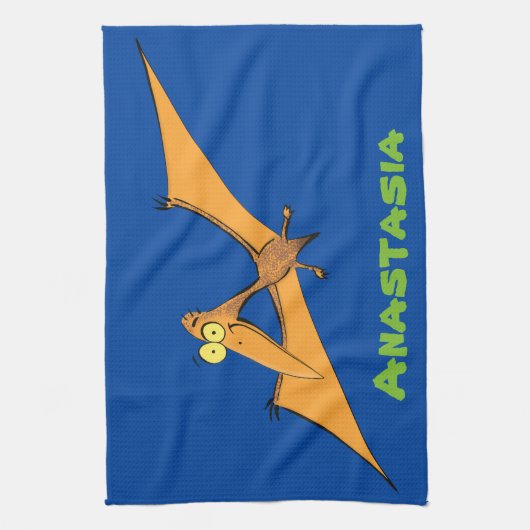 Grappig schattige oranje vliegende pterodactylcart theedoek (Verticaal)