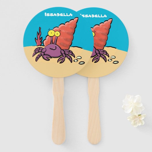 Grappig schattige paarse cartoon-heremietkrab handwaaier (Voorkant en achterkant)