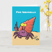 Grappig schattige paarse cartoon-heremietkrab kaart (Gele Bloem)