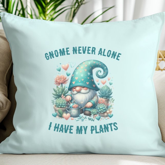 Grappig Schattige Plant Gnome Pun Sierkussen (Gnome never alone I have my plants funny gnome pun plant lover pillow)