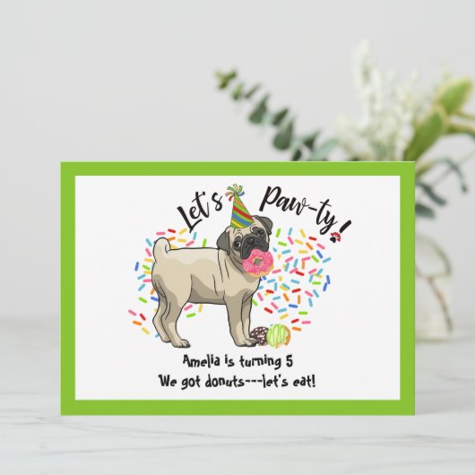 Grappig Schattige Pug Pet Dog Donuts Verjaardagsfe Kaart (Staand voorkant)