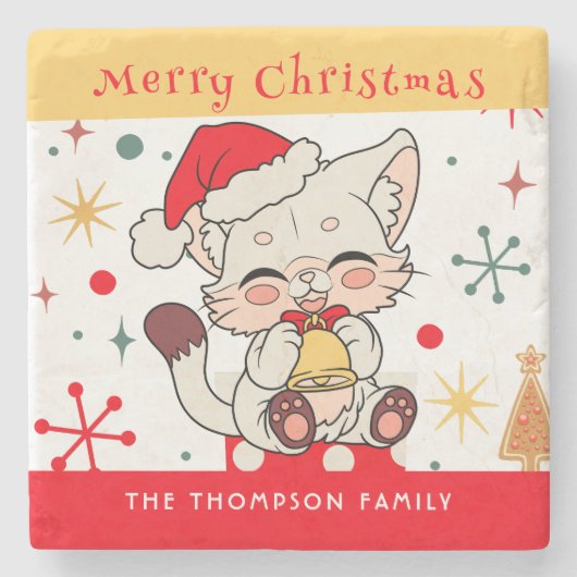 Grappig Schattige Rood Groen Monogram Kerstmis San Stenen Onderzetter (Voorkant)