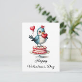 Grappig Schattige Valentijn Bird on a Cake Briefkaart (Staand voorkant)