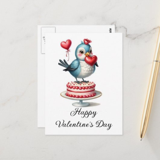 Grappig Schattige Valentijn Bird on a Cake Briefkaart (Voorkant / Achterkant in situ)