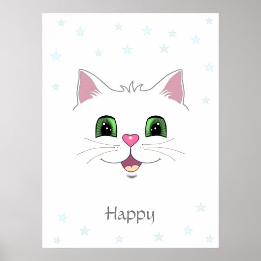 Grappig schattige witte kattengezicht en sterren poster (Voorkant)