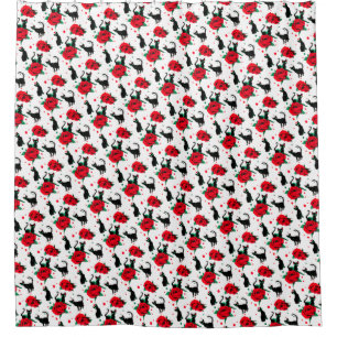 Grappig Schattige zwart katten rood rozen patroon Douchegordijn