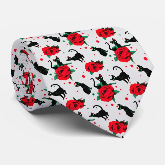 Grappig Schattige zwart katten rood rozen patroon Stropdas (Opgerold)