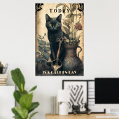 Grappig schattige zwarte kat in de tuin poster (Thuiskantoor)