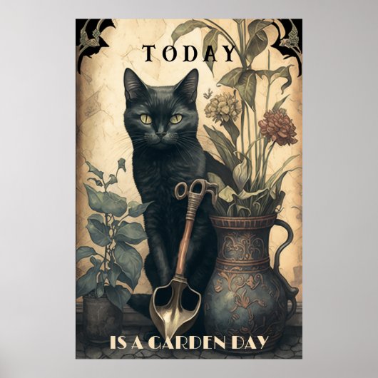 Grappig schattige zwarte kat in de tuin poster (Voorkant)